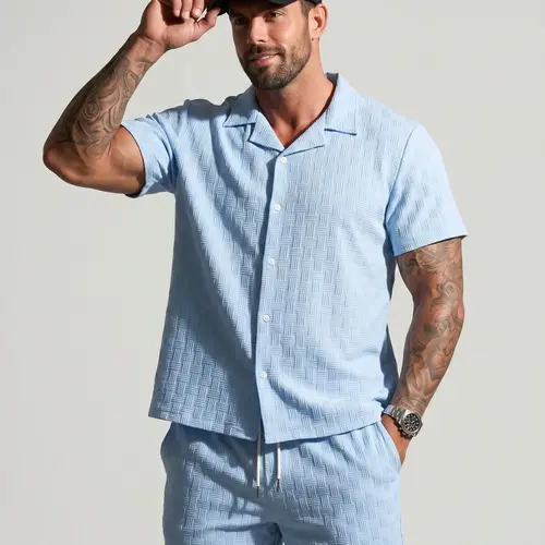 KZZ Men's Solid Textured Short Sleeve Button Front Shirt & Pocket Drawstring Waist Shorts Two-piece Set Classic Summer Outfits Clothes Set for Men - Menswear,sohochic