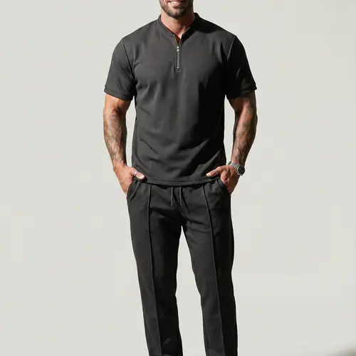 KZZ Men's 2-Piece Athleisure Outfit, Regular Fit Activewear Tracksuit with Solid Half-Zip Long Sleeve Pullover & Waffle Pants, Men's Clothing for Gym, Workout, Christmas Gift, 2-Piece Sets,sohochic