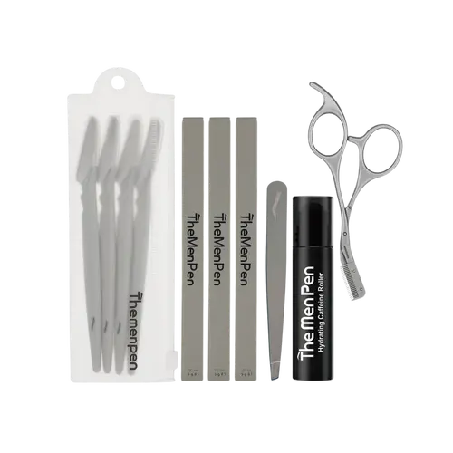 The Men Pen Complete Eyebrow + Hydrating Grooming Kit for Men | Scissors, Hydrating Caffeine Roller, Tweezers, Razors & 3 Eyebrow Filler Pens for Shaping | Trimming & Defining Brows