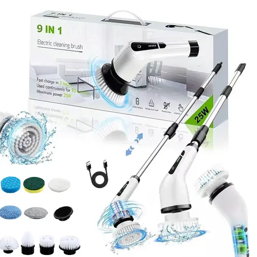 Durable Wireless Electric Spin Scrubber Bathroom Gadget with Handle, IPX7 Full-Body Moisture Resistant Cleaning Brush, 9 Replaceable Heads, 3 Adjustable Extension Rods, 5-Speed for Bathroom, Specialty Kitchen Use,home essentials sohochic