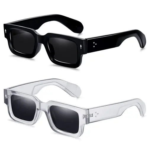 EUNOIALENS Unisex Vintage Square Sunglasses 2-Pack - Transparent Polycarbonate Full Rim Acetate Frames, Eye Fashion Accessories, Daily Protection Shades for Gifting & Everyday Wear, Value Backups