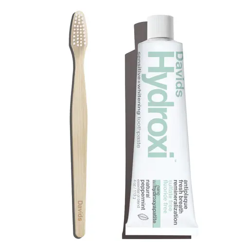 Davids Premium Starter Kit - Fluoride-Free Hydroxi™ Gentle Sensitive Toothpaste with Nano Hydroxyapatite, Brightening Repair Benefits & Bamboo Toothbrush, Exclusive None-Fluoride Oral Care Bundle, Peppermint