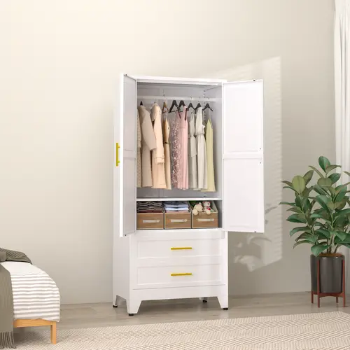 GEITIN 71" Metal Armoire Wardrobe Closet, Freestanding Cabinet with Adjustable Shelves,Bedroom Clothing Storage Cabinet with 2 Drawers and Hanging Rod