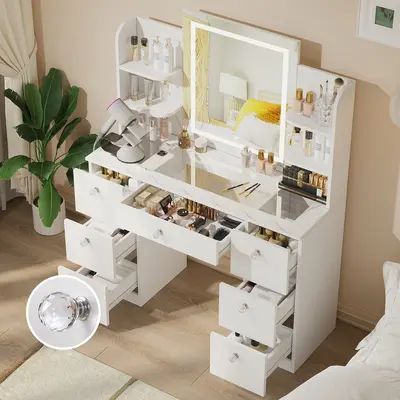 VOWNER Modern Makeup Vanity Table Set with Glass Top 3 Color LED Lighted Mirror 7 Drawers & Power Strip SohoChic