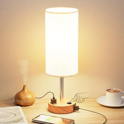 Hoodink 3-Way Dimmable Touch Bedside Table Lamp - LED Only, USB-C Charging Ports, AC Outlet, Small Wood/Silver Base, Round Flaxen Fabric Shade, LED Bulb Included (40W Max) | House Decor, Lights for Bedroom, Ambient Lighting,sohochic