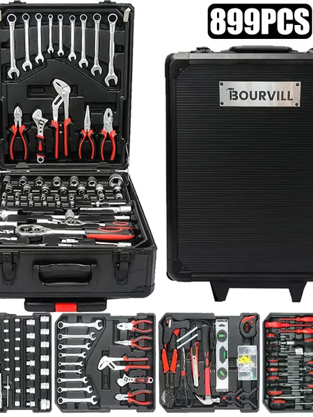 Bourvill 899-Piece Tool Set - High-Capacity Portable Metal Tool Case,Wheeled Mobile Tool Cabinet, and 4-Tier Aluminum Alloy Storage Unit- A Complete Kit for Mechanical Repair & Home Maintenance#summerfinds toolupgrade