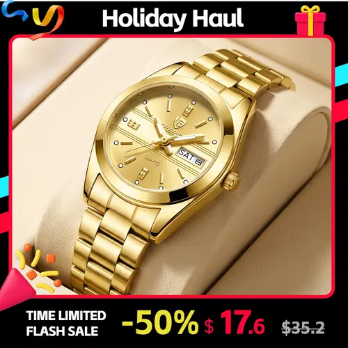 LIEBIG Women's 2-Tone Glam Look Analog Display Quartz Drive Watch - Stainless Steel Alloy Strap, Day-Date Function, Clasp Closure, 3ATM Water Resistant, Fashion Women's Watch for Daily Wear