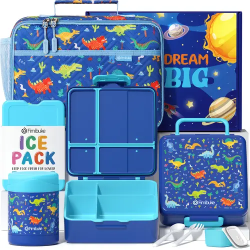 Fimibuke 4-Compartment Portable Bento Boxes - Leakproof Insulated Lunch Box Set with Insulated Bag, Stainless Steel Vacuum Thermos Jar, Ice Pack, Utensils - Tableware for Students, Birthday Gifting
