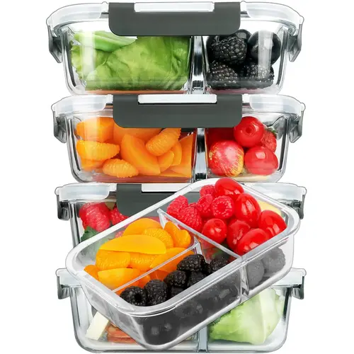 5-Pack Rectangular Borosilicate Glass Meal Prep Containers (36 oz, 8in×6.5in×3in) - Crystal-Clear, Stackable Airtight Leak-Proof Lids, Airtight Food Storage, Kitchen Accessories, Dishwasher-Microwave-Oven-Freezer Safe