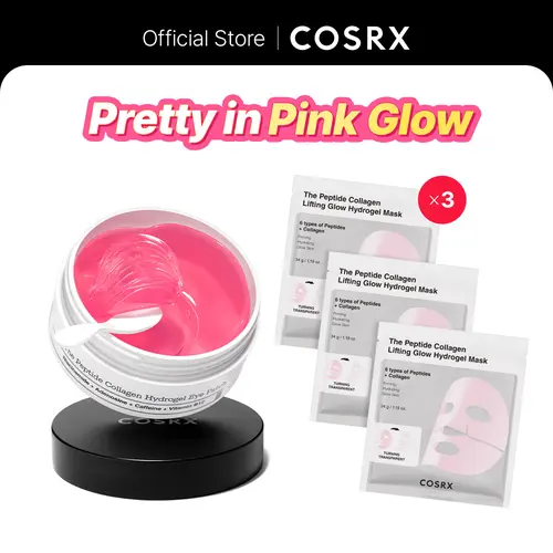 [COSRX Official] Pretty in Pink Lift & Bright Skincare Kit - Collagen Hydrogel Eye Patches (60 Under Eye Patches), 3ea Lifting Glow Hydrogel Mask, 6-Peptide First Step Serum - Glow, Firming, Brightening Benefits, Moisturizing