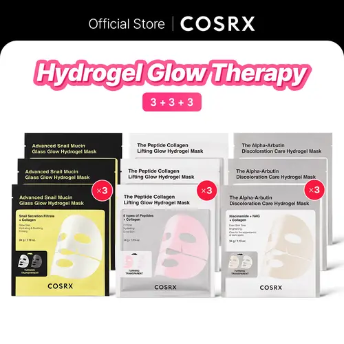 [COSRX Official] 3x3x3 Hydrogel Glow Therapy Face Masks Set - Peptide, Snail Mucin, Alpha-Arbutin Formulas, Brighten, Lift, Soothe, Deep Nourishing, Gentle Moisturizing, Firming Deep Hydration, Daily Hydrating Moisturizer Beauty Products, Glowup
