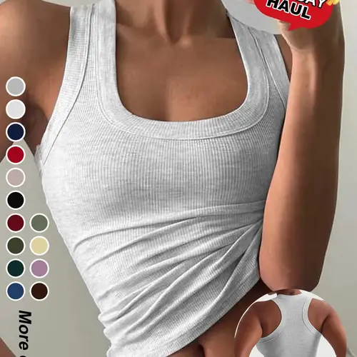 Women's Casual Minimalist Slim-Fit Plain Sleeveless Short Tank Top, Breathable Summer Top, Summer Lightweight Fabric Ribbed Knit Vest, Versatile Layering Piece, Breathable Sleeveless Tops, Womenswear