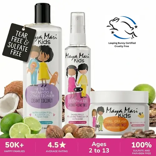 Maya Mari Kids Unisex Youth Curly Hair Products 3-Piece Haircare Set - Gentle Coconut Cleanser 2-in-1 Shampoo Conditioner, Hair Cream, Detangler Spray for Daily Cleansing, Moisturizing, Detangling sohochic