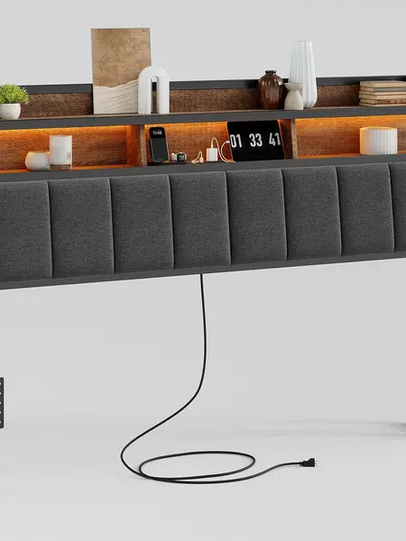 【SohoChic】ONBRILL Ergonomic Upholstered Headboard - Queen/King Size, 2-Tier Storage, LED Lit, USB Ports, Height Adjustable, Sturdy, Modern Bed Frame Furniture (Headboard Only), Led Lit Headboard