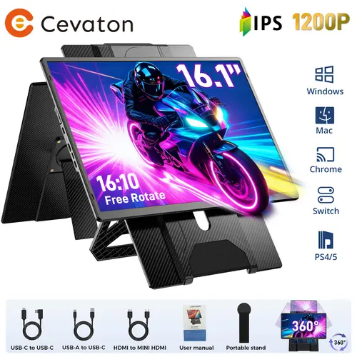 Cevaton 16.1" Lightweight Compact Portable Display for Laptop, USB-C/HDMI/USB-A Extender, 1200P Dual Monitor Setup PC Second Screen, 360° Rotating for Work, Gaming, #TikTokBackToSchool (Monitor Only), Mirror/Extend/Port