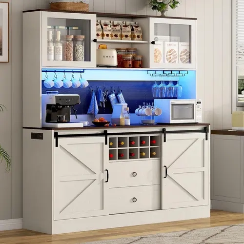 74" Farmhouse Kitchen Pantry Storage Cabinet with LED Light & Charging Station, 63" W Coffee Bar Cabinet Kitchen Cupboard with Hutch and Sliding Barn Doors, Pegboard