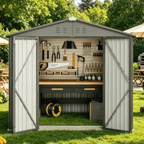 Gizoon Durable Garden Shed (8x6 FT, 2-Package Shipping) - Galvanized Steel Garden Storage Shed, Dark Grey Outdoor Tool Shelter, Double Lockable Doors, Spacious Backyard/Patio Clearance, All-Weather Rust-Resistant Outdoor Storage