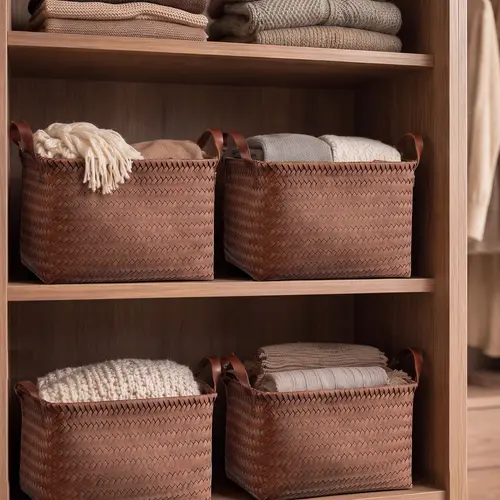 BROWNLILY Handwoven Wicker Multipurpose Baskets - 4/6/8 Pack Large Brown Synthetic Rattan Storage Bins with Handles, Classic Trunk-Ready Carry Farmhouse to Modern Fit Organizers for Shelves, Laundry