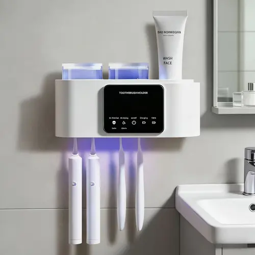 2 Cups Toothbrush Holders with Ultraviolet Disinfection  Waterproof Durable Heat Resistant Odourless Dispenser Squeezers Bathroom Accessory Black Sticky Hook Quick Drying
