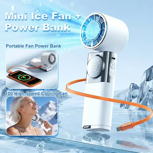 SWEETFULL 7-in-1 Portable Fan (5200mAh Batteries) Built-in Retractable USB-C Cable, 100-Speed Turbo Fan with LCD Display, Power Bank Function, Adjustable Neck Strap, Mini Useful Items, Cool Gadgets for Adults for Outdoor Camping