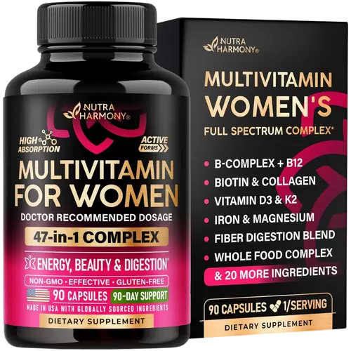 47-in-1 Multivitamin Complex for Women: B-Complex, Whole Foods, Hair Growth Support, Digestion & Metabolism, Iron. Vegan, Bioavailable & Gentle on Stomach. Made in USA. 90 Capsules
