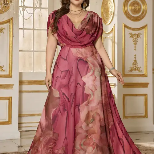 Large Size Fitted V Neck Digital Watercolor Elegant Chic Chiffon Fabric Flare Formal Party Evening Dress, Formal Gowns, Random Cut Flower Pattern Design for Sophisticated Style Womenswear