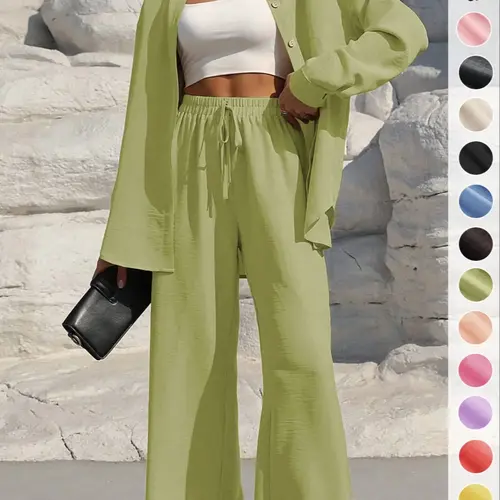 Women's Solid Button Front Shirt & Wide Leg Pants Set, Casual Two-piece Set, Women's Spring & Fall Clothes for Daily Wear, Casual Relaxed Lounge Set