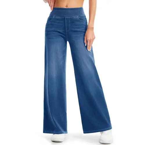 MAGCOMSEN Wide Leg Stretchy Jeans for Women Loose Fit Elastic High Waist Pants Pull On Baggy Fit Jeans Tummy Control Trousers Casual Work Wear FallFreshness Outdoorfun Bottoms Fathersdaygift Functional Pockets,back to school shopping,sohochic