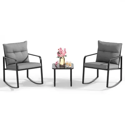 Gizoon 3-Piece Sturdy Iron Rocking Bistro Set, Black Outdoor Patio Furniture Set with Rocking Chairs, Glass Coffee Table & Grey Back Cushion for Balcony, Garden, Patio Furniture Sets, Square