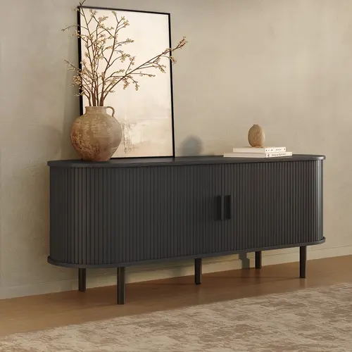 【Sliding Doors Design】ONBRILL 55"/63"/71"/86" Gorgeous Fluted TV Stand for TVs up to 60/70 Inch, Modern Entertainment Center with Power Outlet & Adjustable Shelves Storage for Living Room, Media Console,Bedroom Furniture,Christmas Gift【SohoChic】