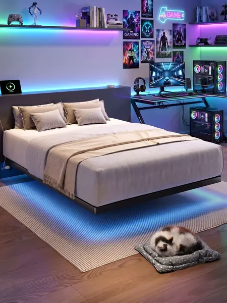 【SohoChic】ONBRILL LED Floating Bed Frame for Queen, Queen Size Bed Frame with Power Outlet, Heavy Duty Metal Platform Bed Frame, Easy to Assemble, Noise-Free, No Box Spring Needed, Bedroom Furniture, Stylish Furniture