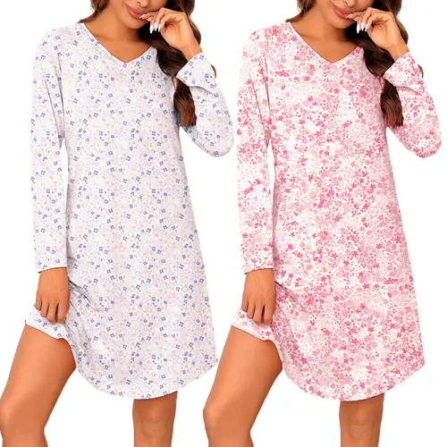 MARVMYS Lady's Cute Heart-Print Women's 2-Pack Moo Moos, Soft Longsleeves V-Neck Pullover Sleepshirts & Lounge Dresses, Cozy Loungewear Sleepwear S-3XL