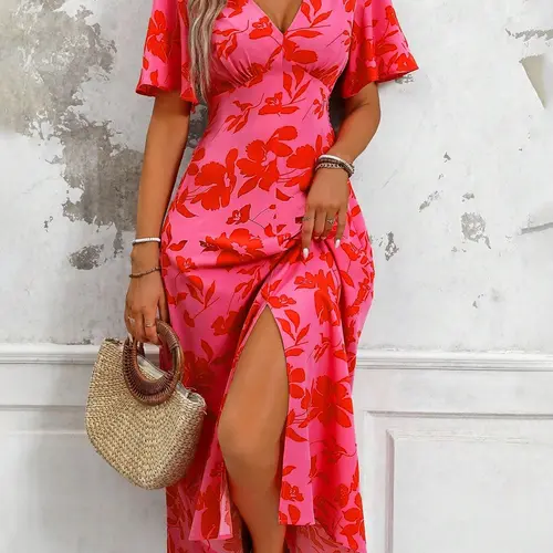 Women's Leaf Print Boho Floral Printed Ruffle V Neck Dress, Elegant Boho Fashion Casual Slit Hem Dress for Daily Outdoor Wear, Women Dress for Summer Womenswear