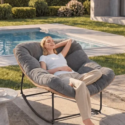 【Double-Side Fabric】ONBRILL Oversized Indoor Outdoor Rocking Chairs, Comfy Papasan Rocking Chair with Padded Cushion, Rattan Wicker Lounge Chair, Modern Reading Accent Chair for Balcony Garden, LivingRoom Furniture,Christmas Gift【SohoChic】