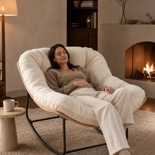 【Double-Side Fabric】ONBRILL Oversized Indoor Outdoor Rocking Chairs, Comfy Papasan Rocking Chair with Padded Cushion, Rattan Wicker Lounge Chair, Modern Reading Accent Chair for Balcony Garden, LivingRoom Furniture,Christmas Gift【SohoChic】