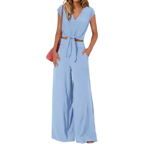 PRETTYGARDEN Women's Summer 2 Piece Outfits Cap Sleeve V Neck Belted Crop Tops Wide Leg Pant Sets Casual Tracksuit 100% Polyester Chiffon Texture - Womenswear#SwimWeek#Summervibes#DealsForYouDays