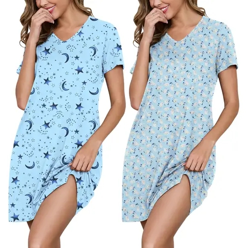 MARVMYS Women's Chic 2-Pack Soft Fabric Short-Sleeve V-Neck Casual Style Comfort Sleep & Lounge Nightgowns