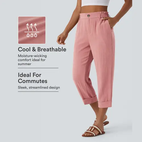 Halara High Waisted Zipper Pocket Cropped Linen-Feel Pants