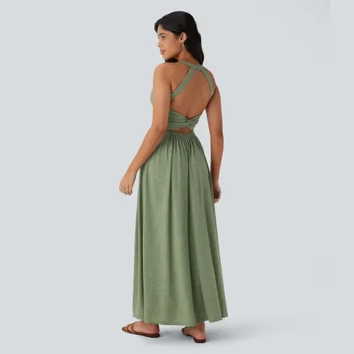 Halara Twisted Backless Split Flowy Maxi Resort Dress with Pockets #BackToSchool