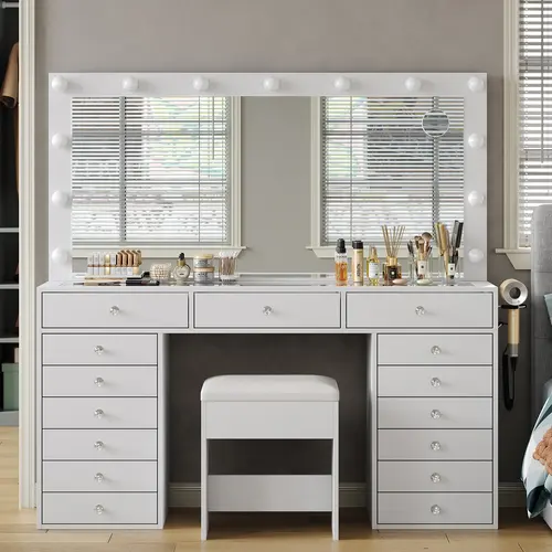 FUSOU 55" W Vanity Desk, [Shipping by 2 Packages], Makeup Vanity with Charging Station, 15 Drawers Vanity with Lighted Mirror, 3 Lighting Modes, Brightness Adjustable, Glass Top, Vanity Table with Chair for Bedroom,SummerVibe