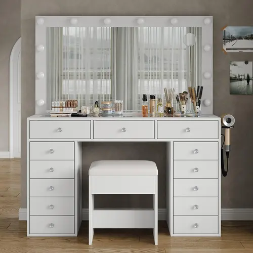 FUSOU 47''W 13 Drawers Vanity Desk, [Shipping By 2 Packages],Makeup Vanity with Power Outlet, Vanity Table with Mirror and 12 LED Bulbs, 3 Color Lighting Modes, Glass Top, Dressing Table for Bedroom,SummerVibe