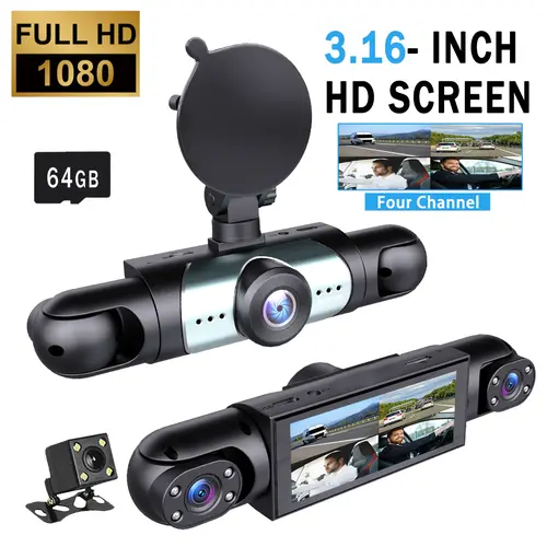 BCUOZ-4 Channel  Car Dash Cam ,【Not wireless】1080P Front+720P Rear Left Right Dashcam,with 64GB Memory Card,Car DVR Hd Screen