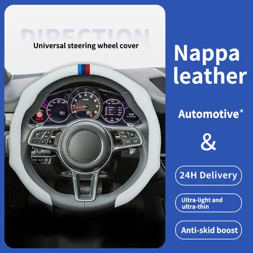 SE SUPEREVER Nappa Leather Steering Wheel Cover - Anti-Slip, Ultra-Thin, Breathable, Sweat-Free, Stylish - Center Mark, Quick Install, Universal Fit for Most Cars - Summer Essential Car Interior Accessory