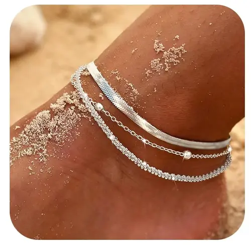 Tewiky Women's Silver Ankle Bracelet Set - Dainty Layered Waterproof Herringbone & Beaded Rope Chains, Adjustable Stackable Summer Beach Accessories, Perfect Beach Gift, Gifts for Women