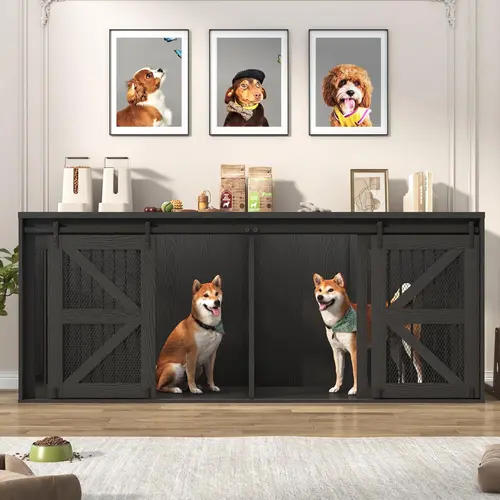 87In/95In Farmhouse Dog Crate TV Stand, Wooden Dog Kennel Furniture with Sliding Metal Mesh Barn Door, Large Dog Crate Furniture for 2 Dogs, Solid Metal Tube & 2 Lockable Doors, White & Brown/Rustic Brown/Black