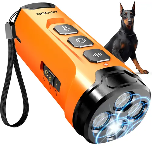 Humane Dog Bark Deterrent Device - Ultrasonic Anti-Barking Trainer with 3X Sonic Emitters, Dual-Frequency Control, Flash+Sound Modes, Flashlight, Safety Lock, USB-C Rechargeable, Compact Body for Walks, ABS Plastic