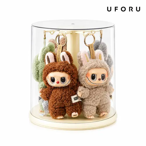 UFORU 360° Rotating Clear Keychain Display Case with Dustproof Cover, Manual Hanging Organizer for Plush Keychains, Bag Charms, Jewelry, Watches and Mini Collectibles