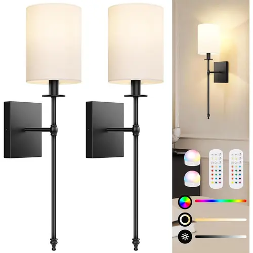 MATULSA 24.8in Rechargeable Wall Sconces Set of 2 with Remote - Indoor Non-Hardwired Dimmable Lamps, White Fabric Shade, Metal Frame, Batteries Included for Bedroom Battery Recharge Lighting Fixtures,sohochic