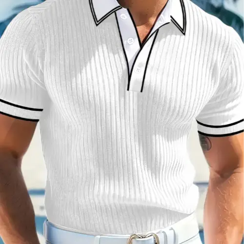 Men's Short Sleeve Polo Shirt in Decorative Fabric, Striped, Casual Polo Shirts, Polo Top, Perfect for Business Casual and Formal Occasions, Regular Fit Ideal for Work