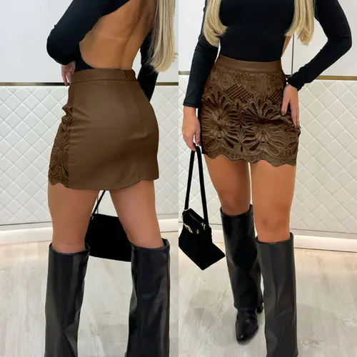 CHICME Women's Pu Leather Hollow-out Pattern Zipper Back Wedding Guest Bodycon Skirt